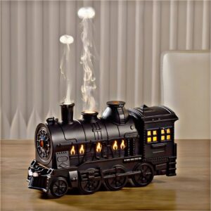Retro Miniature Train Humidifier with Night Lights & Aromatherapy - 300ml Tank, Remote Control, and Colorful Smoke Ring Sprays for Desktop Décor